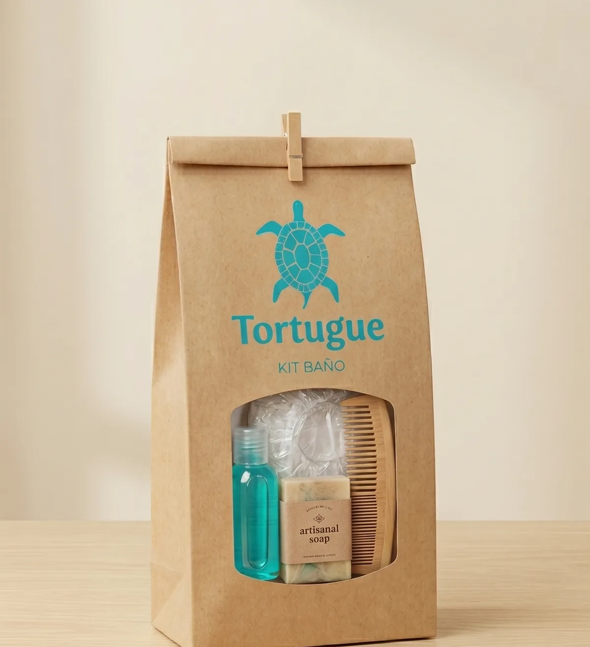 Bolsa de papel kraft Tortugue «Kit baño» con gel, jabón artesanal, gorro de ducha y peine de madera