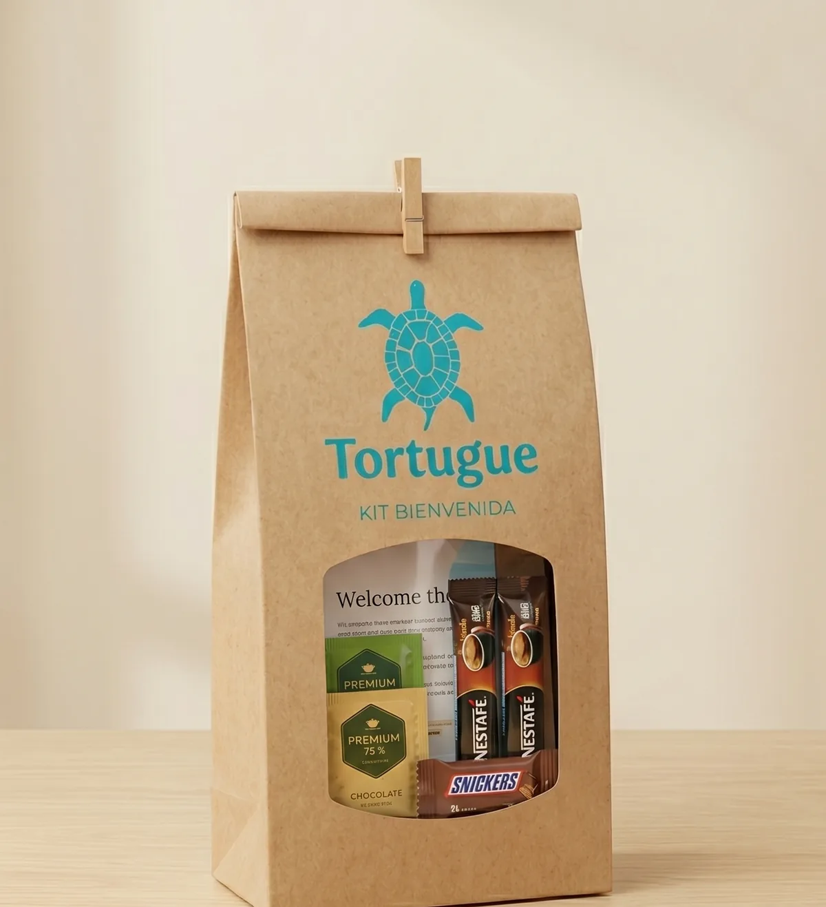 Bolsa de papel kraft Tortugue «Kit bienvenida» con tarjeta de bienvenida, té, café y chocolatina para el huésped