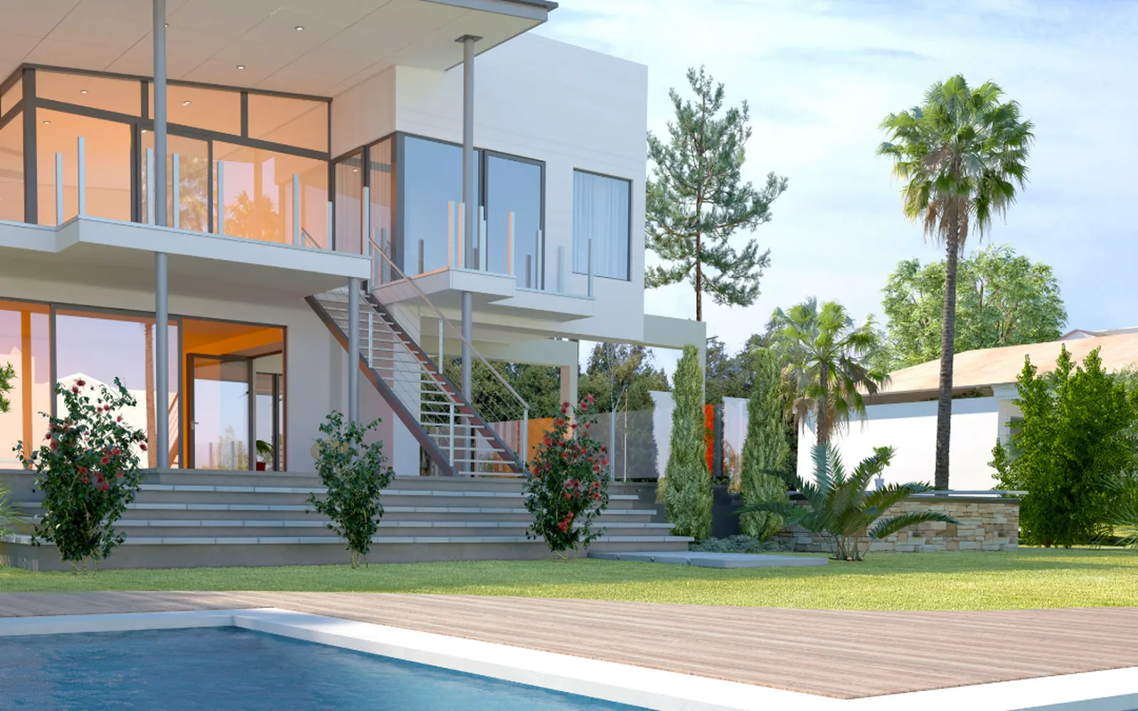 Villa moderna de lujo con piscina, jardín y palmeras en la Costa del Sol